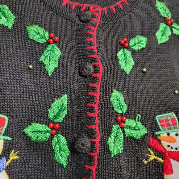 VTG Ship N Shore Christmas Cardigan Sweater Snowman Holly Beaded Embroidered XL - Picture 4 of 9